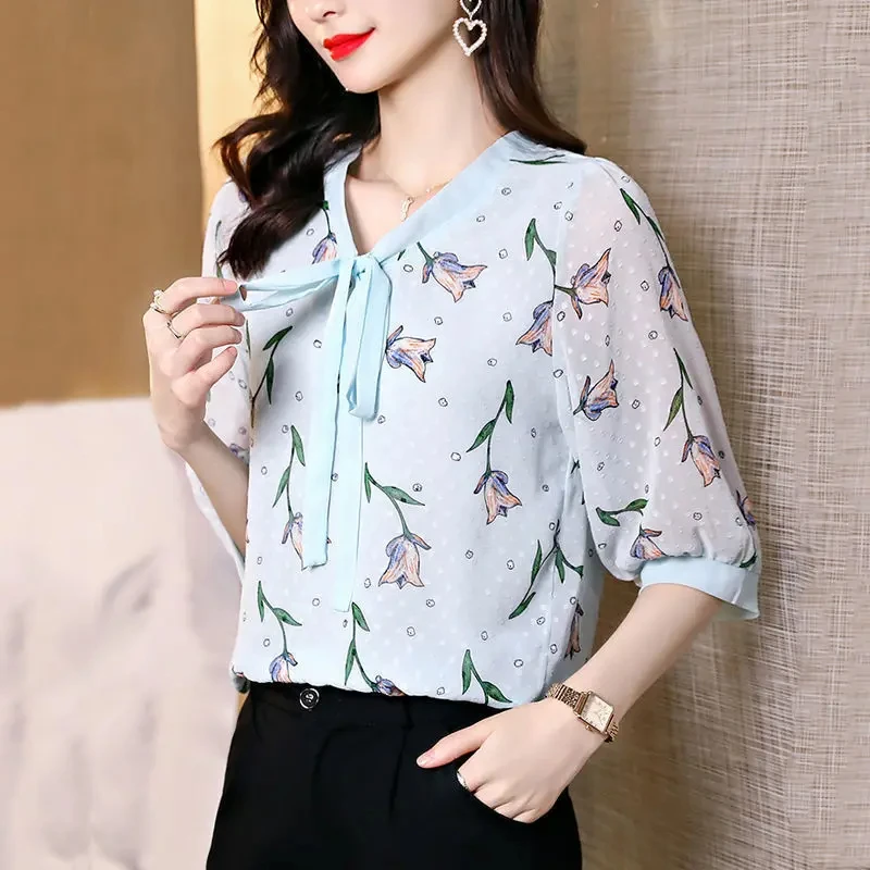 Spring Summer Chiffon Patchwork Pullover Scarf Collar Plant&Flowers Polka Dot Printing Women\'s Lantern Half Sleeve T-shirt Tops