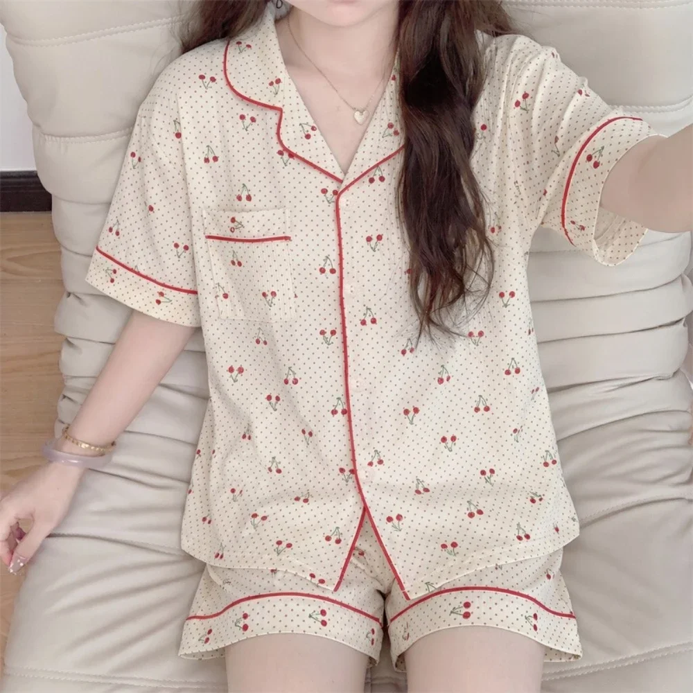 Simple and Sweet Polka Dot Cherry Wrinkled Fabric Short Sleeved Shorts Home Wear Pajamas Set Women's Sleepwear Four Seasons