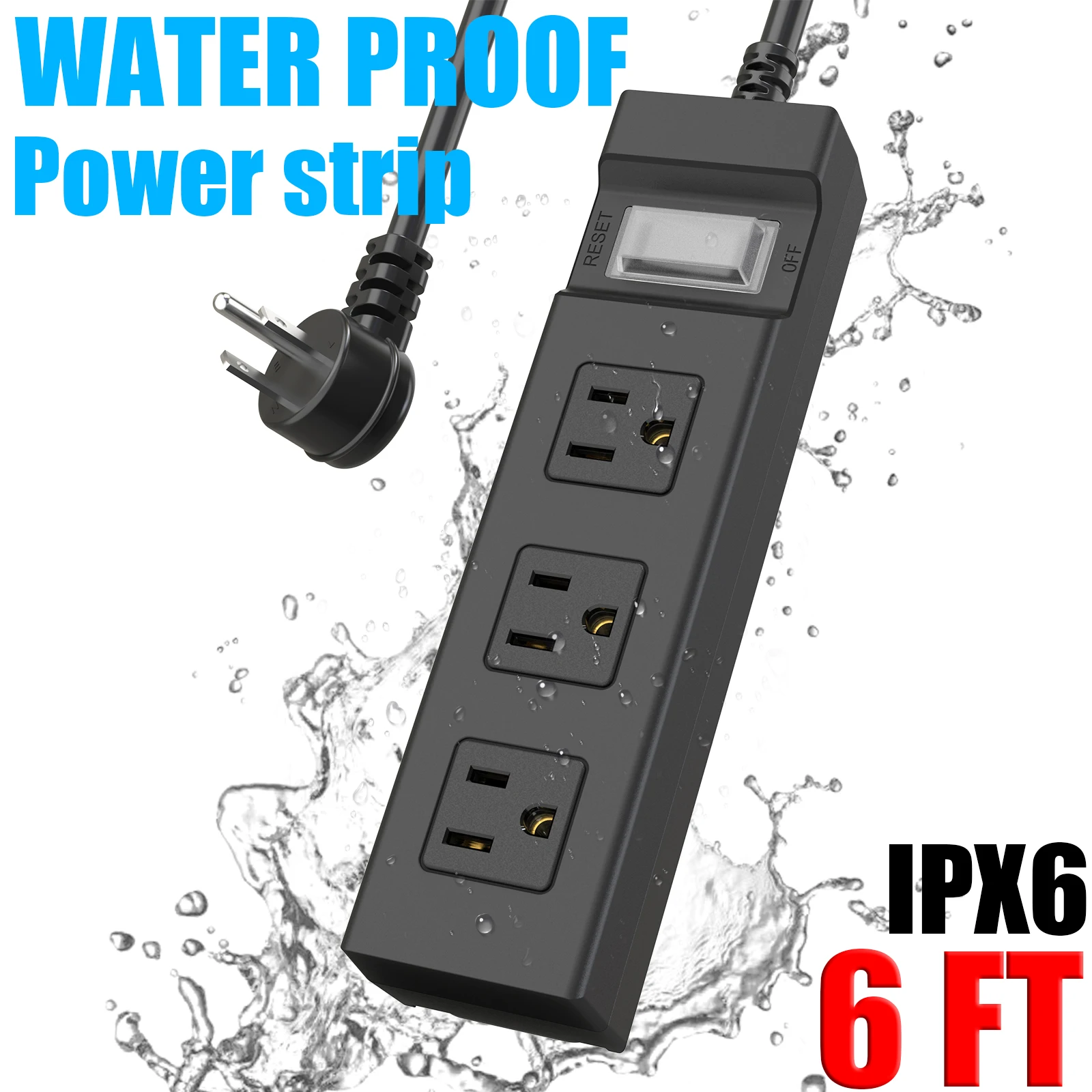 

Водонепроницаемая плата питания IPX6, удлинитель на 6 футов, 3 широких розетки, многоразъемная розетка с выключателем питания для внутреннего и наружного использования