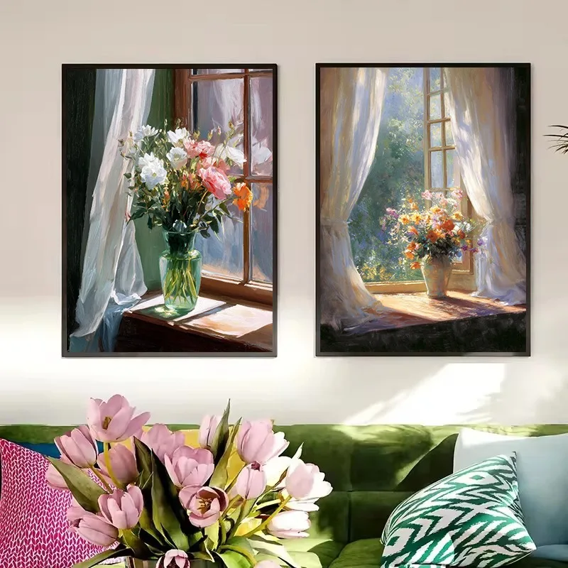 Vintage Floral Vase Still Life Sunlight Open Window Cottage Botanical Poster Canvas Painting Wall Art Pictures Home Decor
