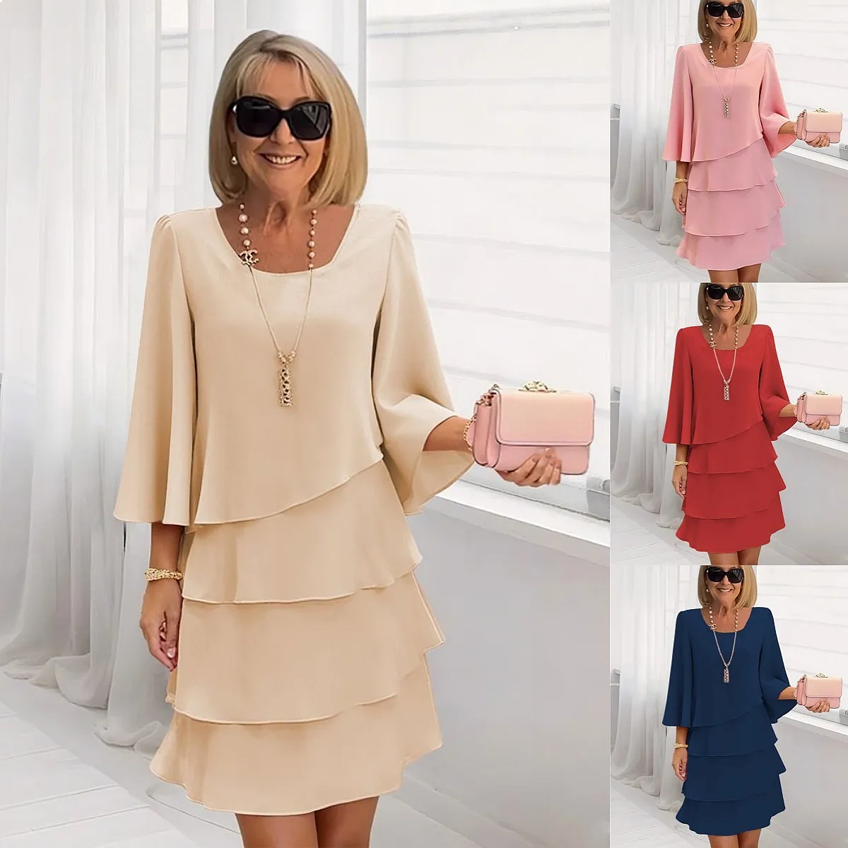Spring Summer Fashion Tiered Dress Women Loose Slimming Round Neck Dresses