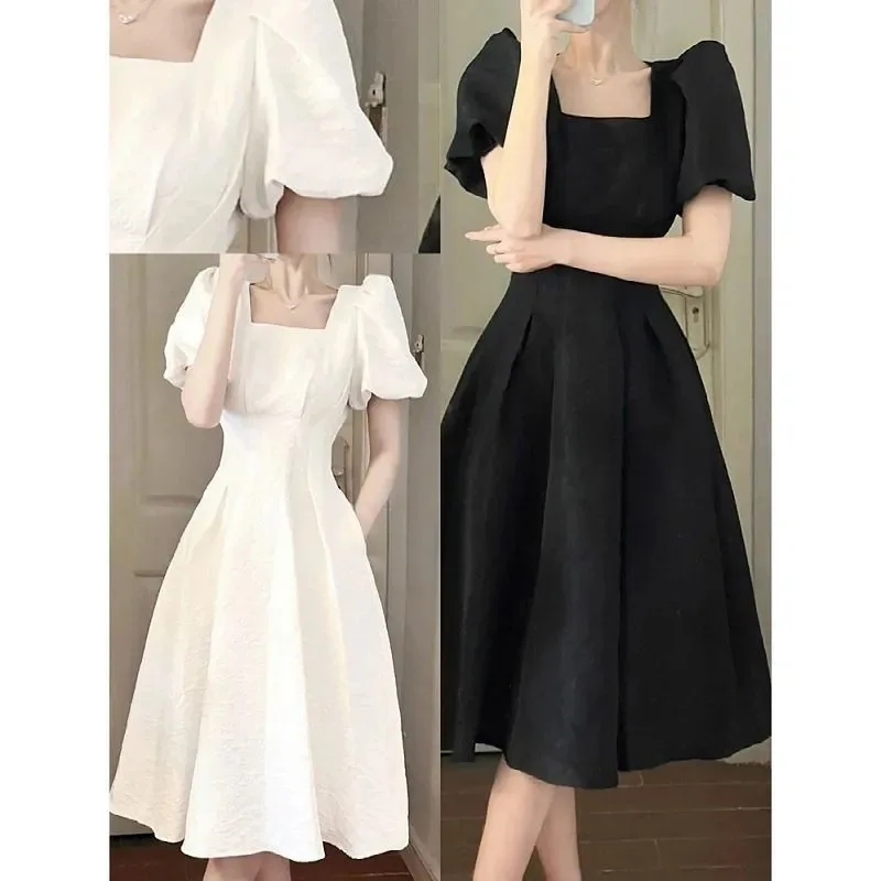 

2025New Summer French Style First Love White Long Dress for Women, Waist-Cinching Slimming Fresh Temperament Short Sleeve Dress