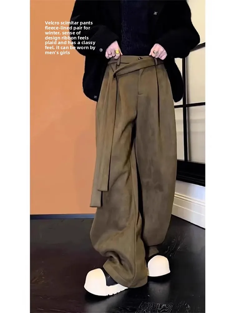 Dragon Tao Suede Velvet Bend Knife Pants Men's Autumn Winter Drifting Belt Design Sense Loose Casual Pants Straight Leg