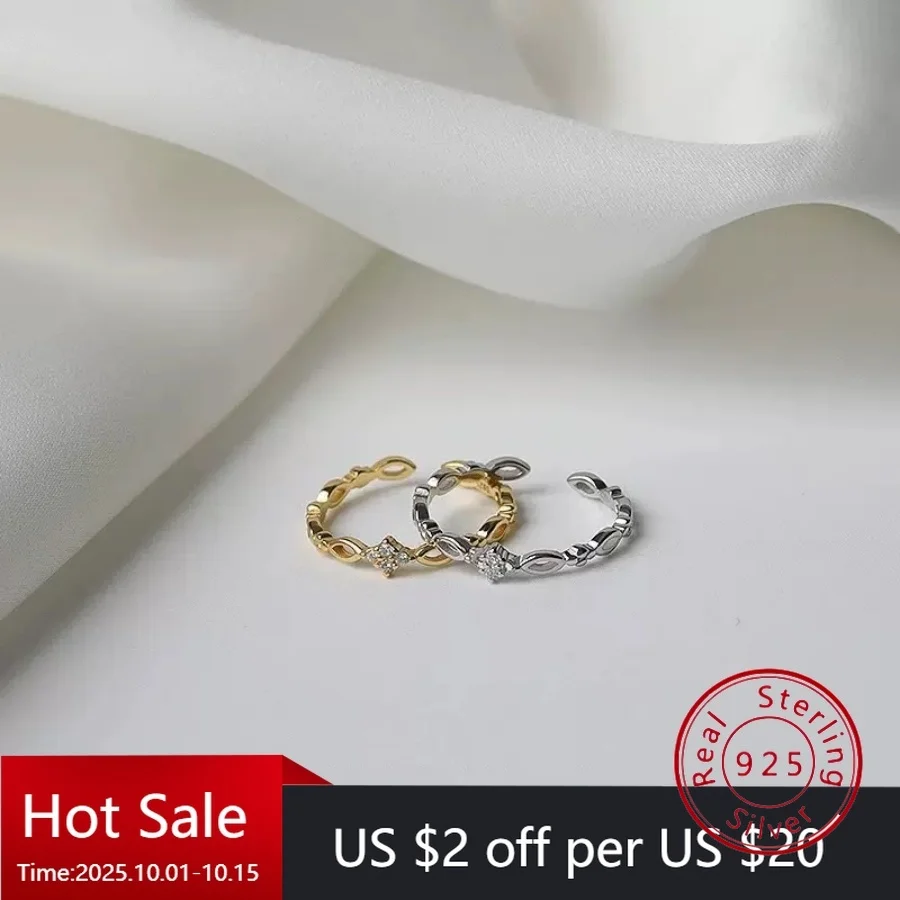 

S925 Sterling Silver Diamond-Studded Geometric Open Ring for Women Unique Design Minimalist Band Luxurious Lightweight Ring