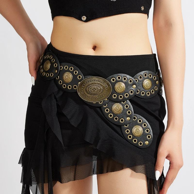 

New Round Cake Splicing Rivets Women's Belt Western Cowboy Vintage Accessory Belt Teenage Hottie Summer Skirt Decoration Belt