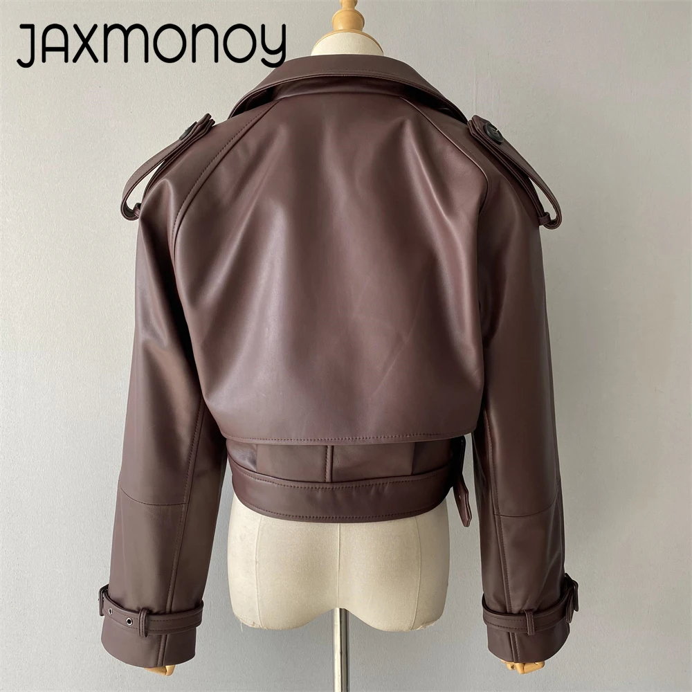 Jaxmonoy chaqueta de piel de oveja color Burdeos para mujer, chaqueta de cuero auténtico para primavera, chaquetas para mujer, abrigo de cuero Natural con hombros acolchados a la moda