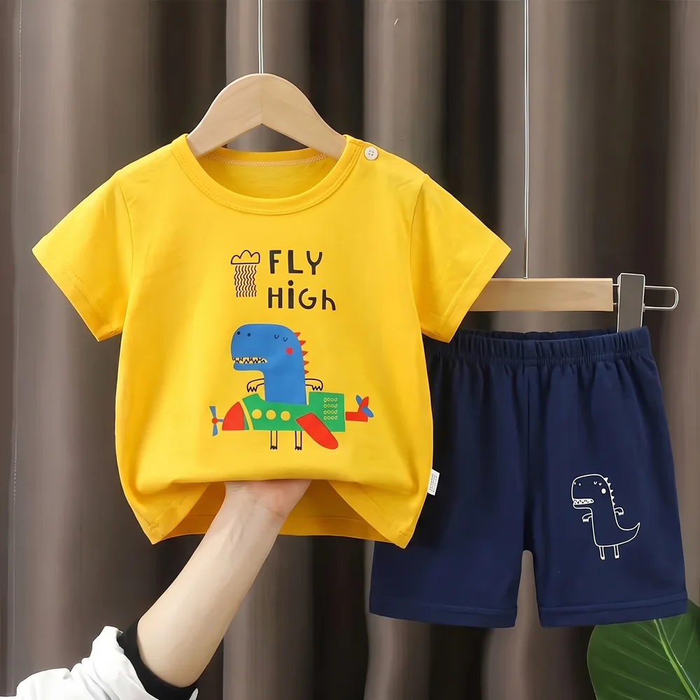 2PCS 2026 Summer Baby Boys Cotton T Shirt Shorts Two Piece Set Printed Kids Breathable Outdoor Outfits Boys Home Clothes Suit