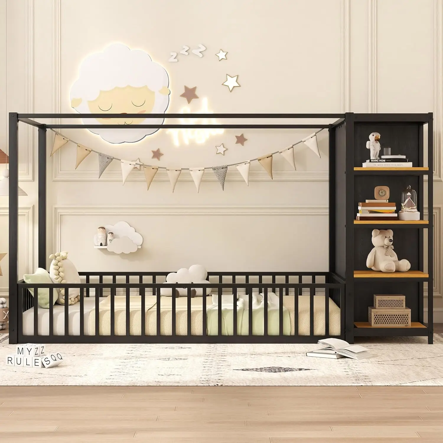 Tempat Tidur Lantai Montessori Ukuran dengan Lemari Pakaian dan Rak Penyimpanan, Rangka Tempat Tidur Lantai Kanopi untuk Anak-anak, Tempat Tidur Lantai Logam Ukuran Twin dengan Pagar