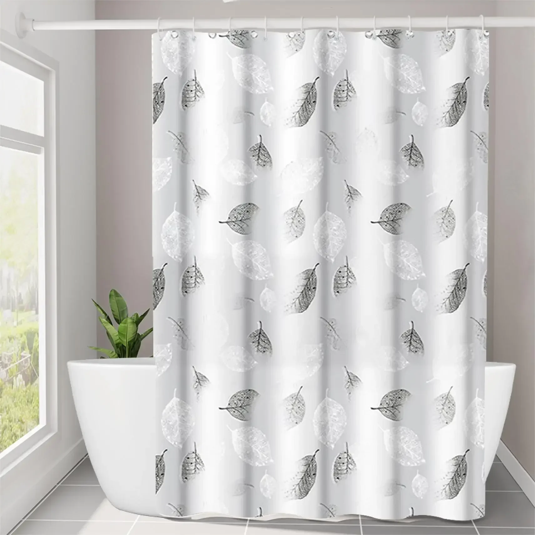 1pc Leaf Pattern Plastic Shower Curtain, Lightweight Bath Curtain Liner with Plastic Hooks, Transparent Curtain, Bathroom Decor