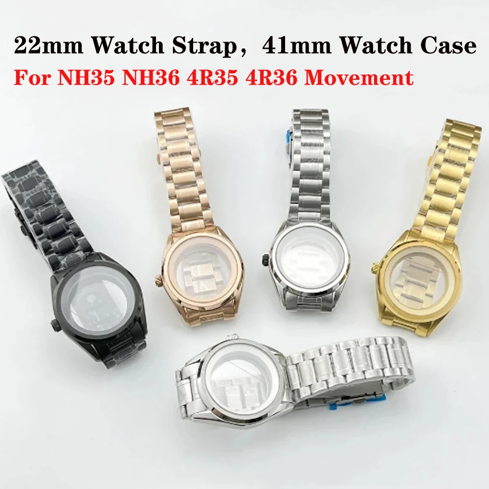 

New 22mm Solid Steel Watch Strap Butterfly Buckle Bracelet, Sapphire Glass Watch Case 41mm, For NH35 NH36 4R35 4R36 Movement