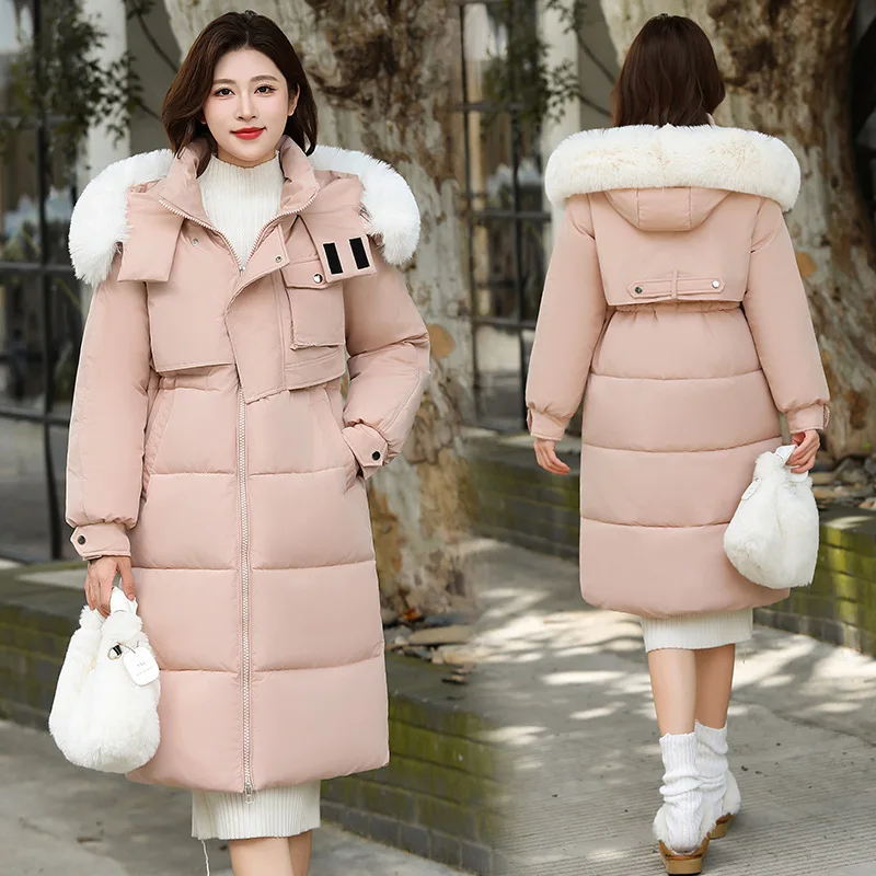 Women Parkas Coats Hooded Fur Collar Mid Length Jackets Full Sleeve Thick Warm Y2k Streetwear Jacket Work Autumn Winter 2025