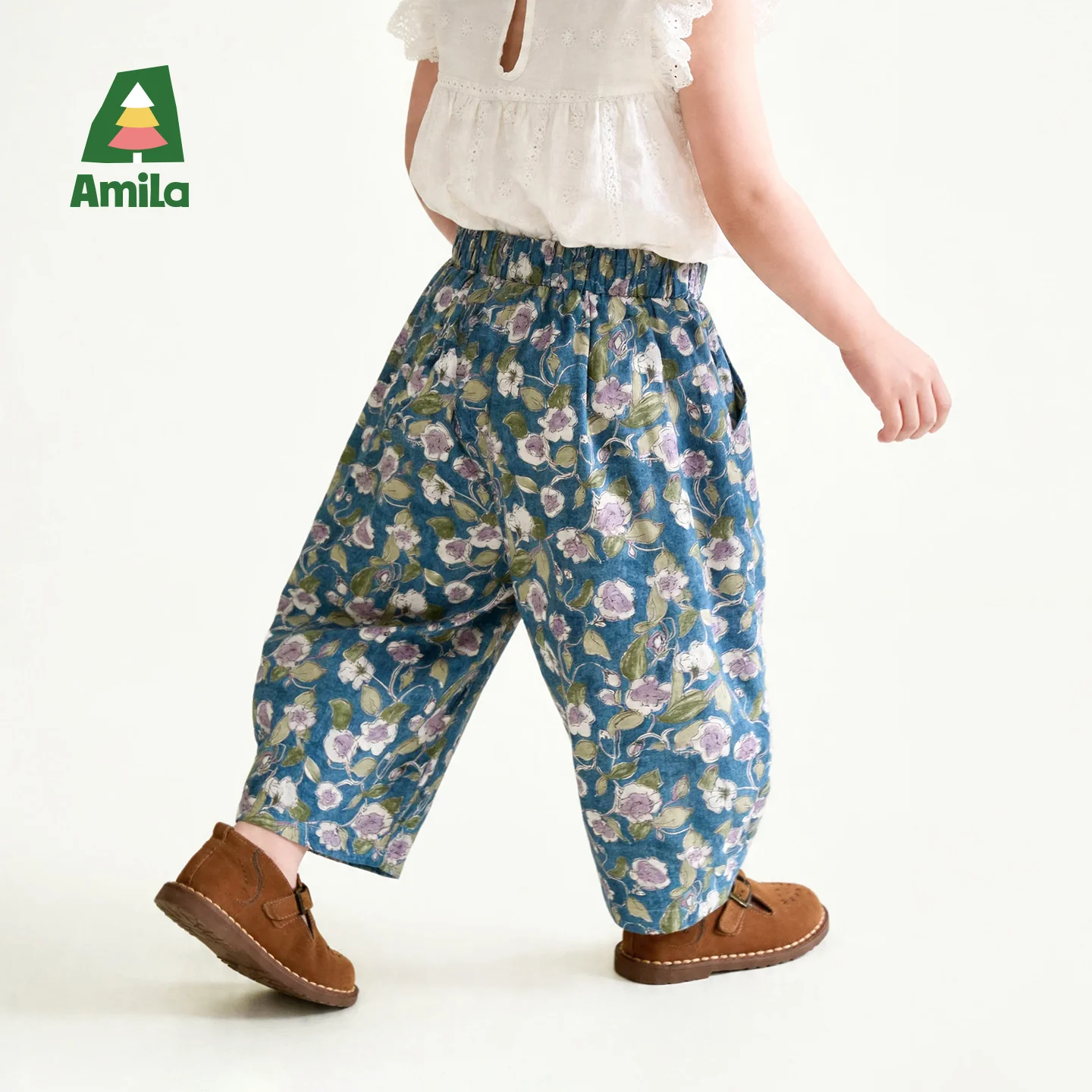 Amila 2026 Summer New Children's Casual Pants, Vintage Watercolor Floral Style Literary And Casual Loose-Fitting Long Pants