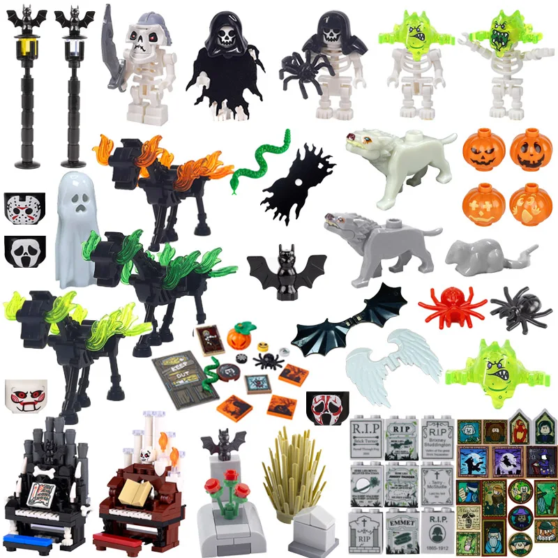 MOC Halloween Festival DIY Scene Building Blocks Skeleton Soldier Flame Horse Bat Snake Spider Pumpkin Head Tombstone Brick Gift