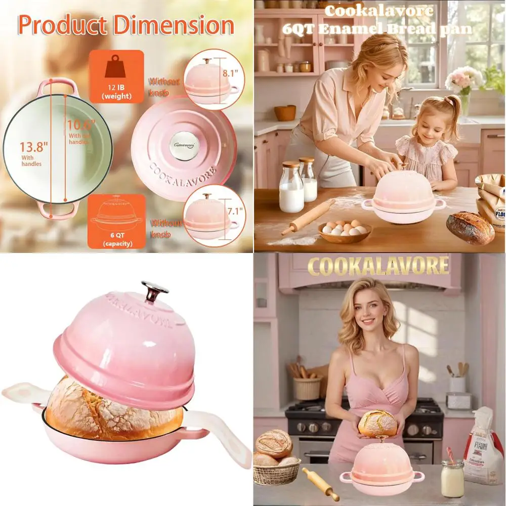 

6-Quart Enamel Bread Baking Pan, 10.5 Sourdough Oven with Lid, Pink for Homemade Bread, Includes Silicone Mat & Recipe