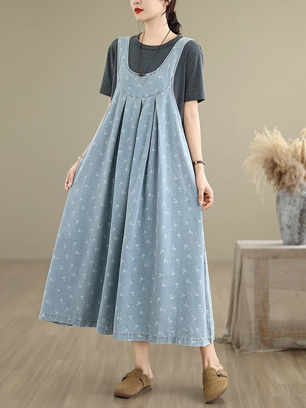 레트로 아티스틱 루즈 캐주얼 데님 베스트 드레스 여름 신상 플로럴 자수 와이드 레그 청 스커트 여성 한국 스타일 미디 드레스