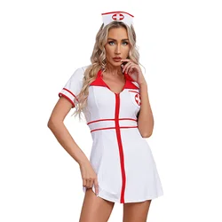 Womens Sexy Nurse Cosplay Costume Short Sleeve Front Zipper A-line Mini Dress with Nurse Headwear Halloween Role Play Outfit