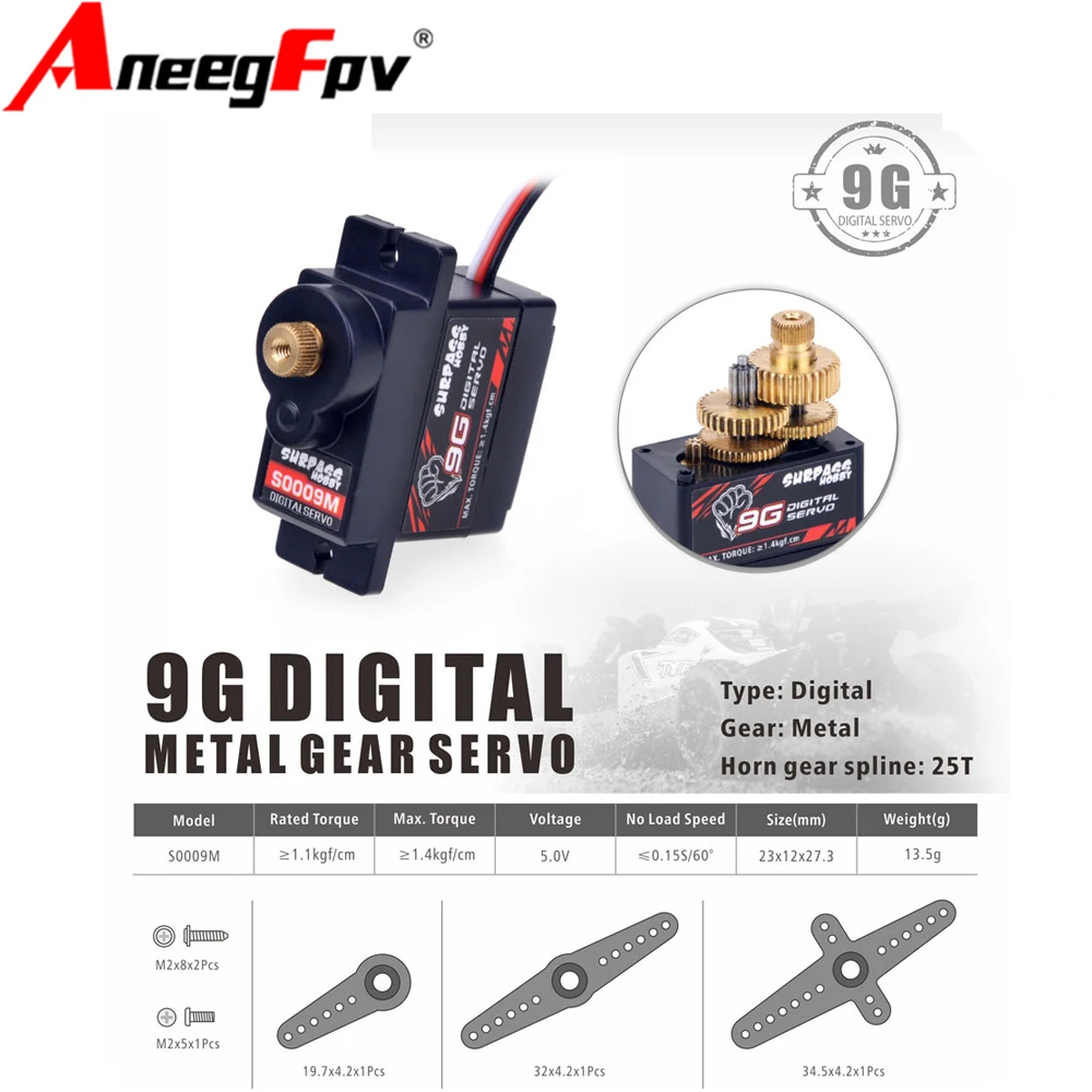 SURPASS HOBBY S0009M 9g Metal Gear Digital Servo 1.9KG para RC Drone Avião Robô Carro Barco Duto Avião