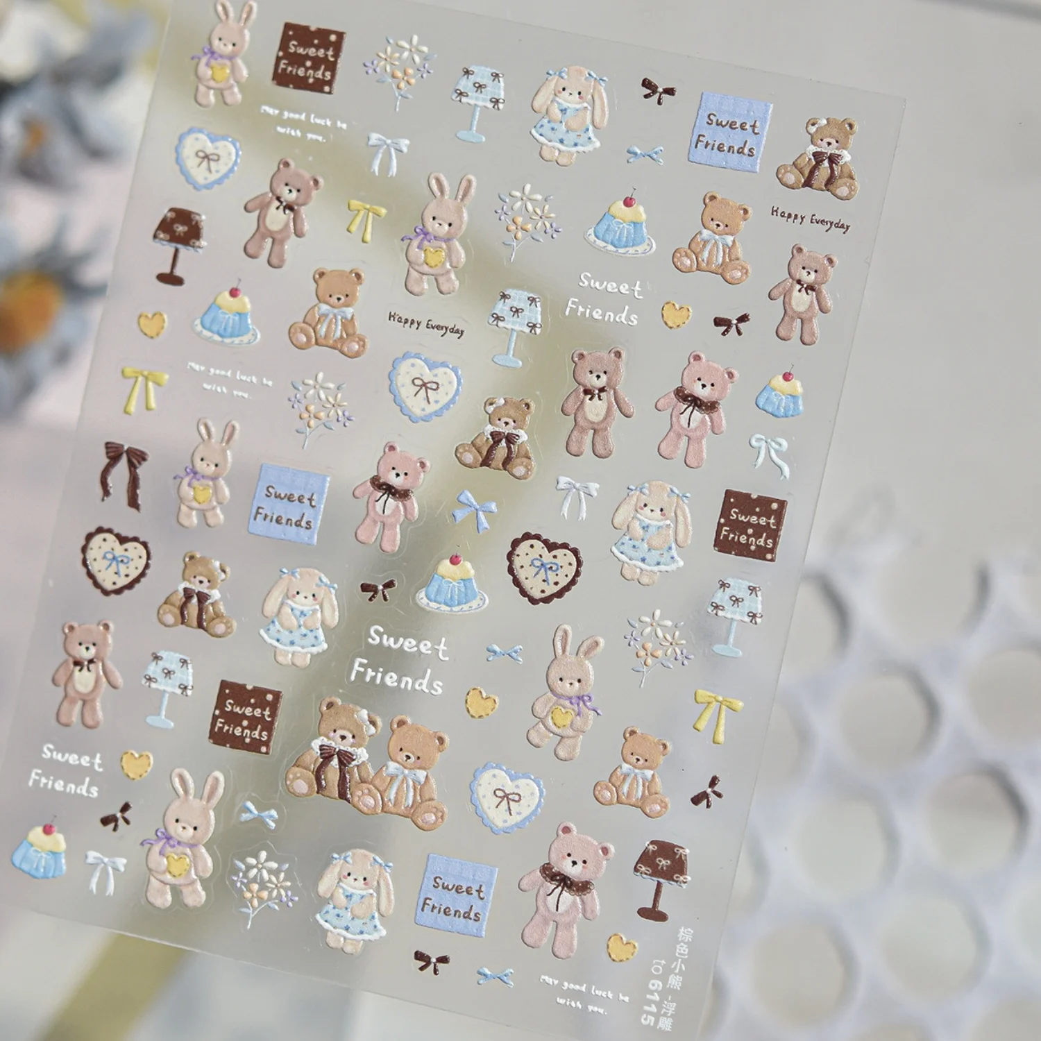 5D Retro Nail Art Stickers Cute Doll Fabric Bear Lop‑Ear Rabbit Cake Table Lamp Bow Self‑Adhesive Nail Decal Manicure for Women