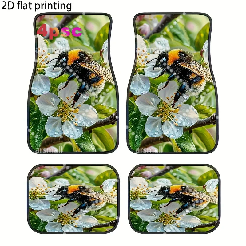 4pcs Car Floor Mats, Bee And Flower Pattern, Universal Car Mats, Made Of Polyester Fiber, Suitable For Front And Rear Seat Inter