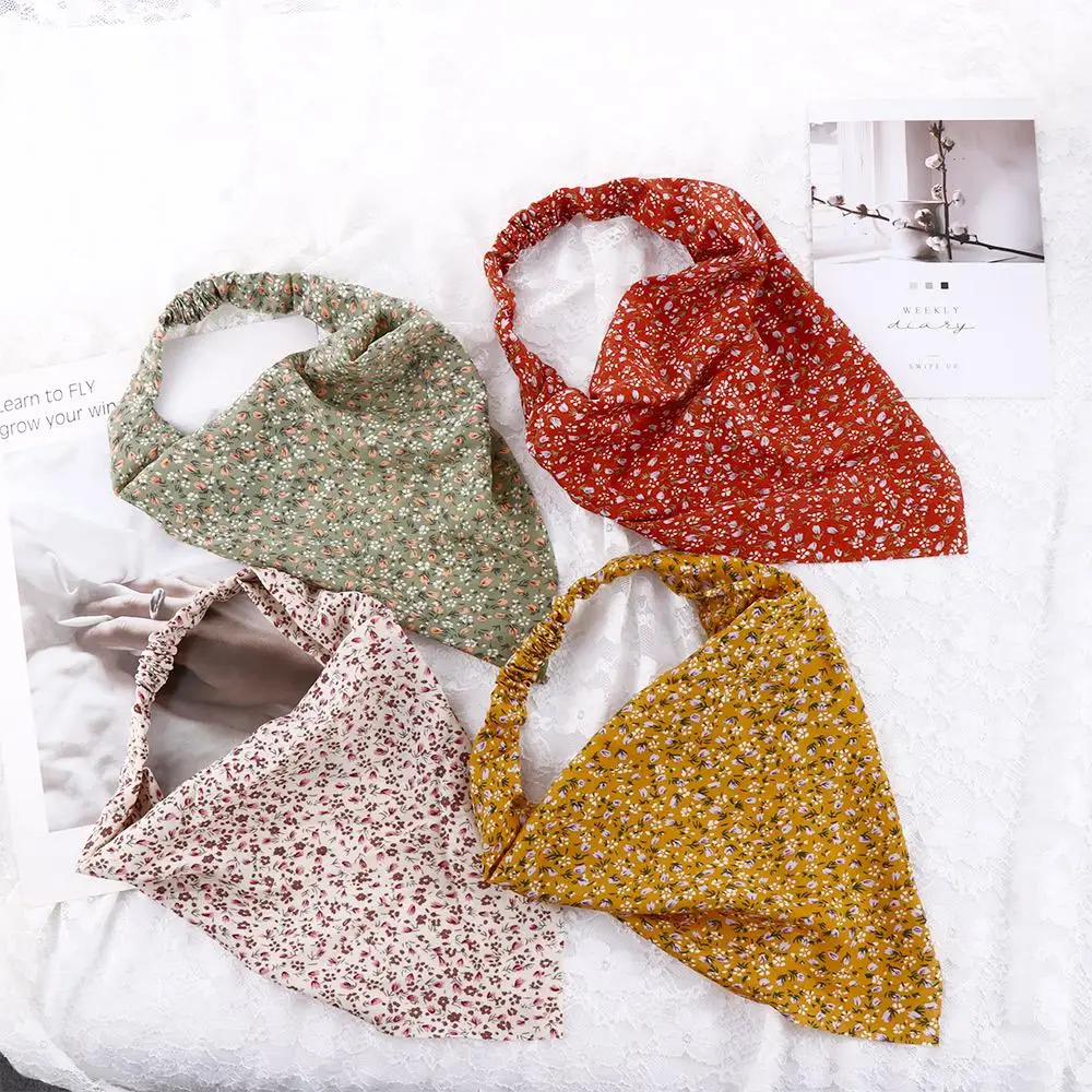 Floral Print Hair Scarf Vintage Triangle Bandanas Hairband Headband Without Clips Elastic Hair Bands Headwrap Accesories