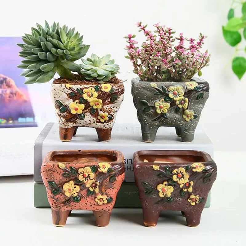 

4 Pcs/Set Ceramic Plum Blossom Fleshy Plant Pot Fout Feet Breathable Bonsai Vase Flowerpot Desktop Balcony Ornaments Home Decor