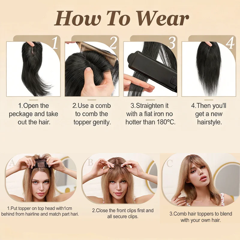 Womens Human Hair Enhancement Topper Bangs Style 360 Full Coverage Gray Hair Cover Accessory Clip In One Piece 20G Design 5x9cm Base 20 25 30cm Lengths view 5