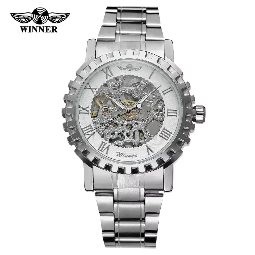 T-WINNER WATCH การออกแบบเกียร์ใหม่รูปแบบสร้างสรรค์ตัวเลขโรมันนาฬิกาอัตโนมัติสําหรับผู้ชายสายเหล็กสีเงิน