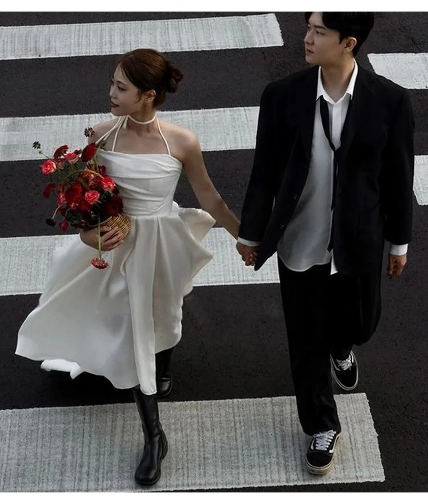 

Lzhk Customized Sexy Satin A-Line Evening Dress Temperament Strapless Sleeveless Tea Length Women Wedding Gowns Custom Size