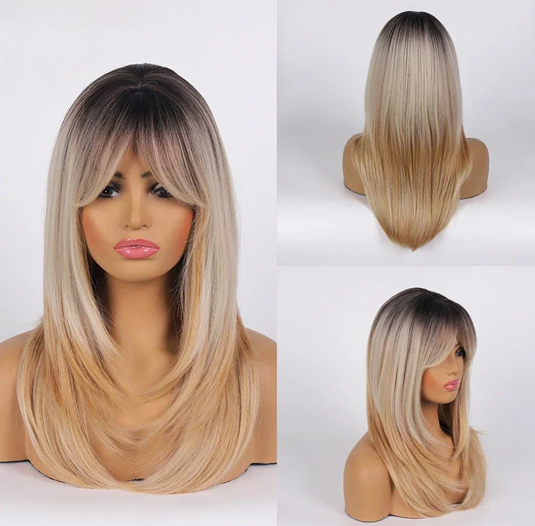 

Hood Dyed Mixed Blonde Gradient Straight Cosplay Wig Hood Hot Eight Character Bangs Long Hair