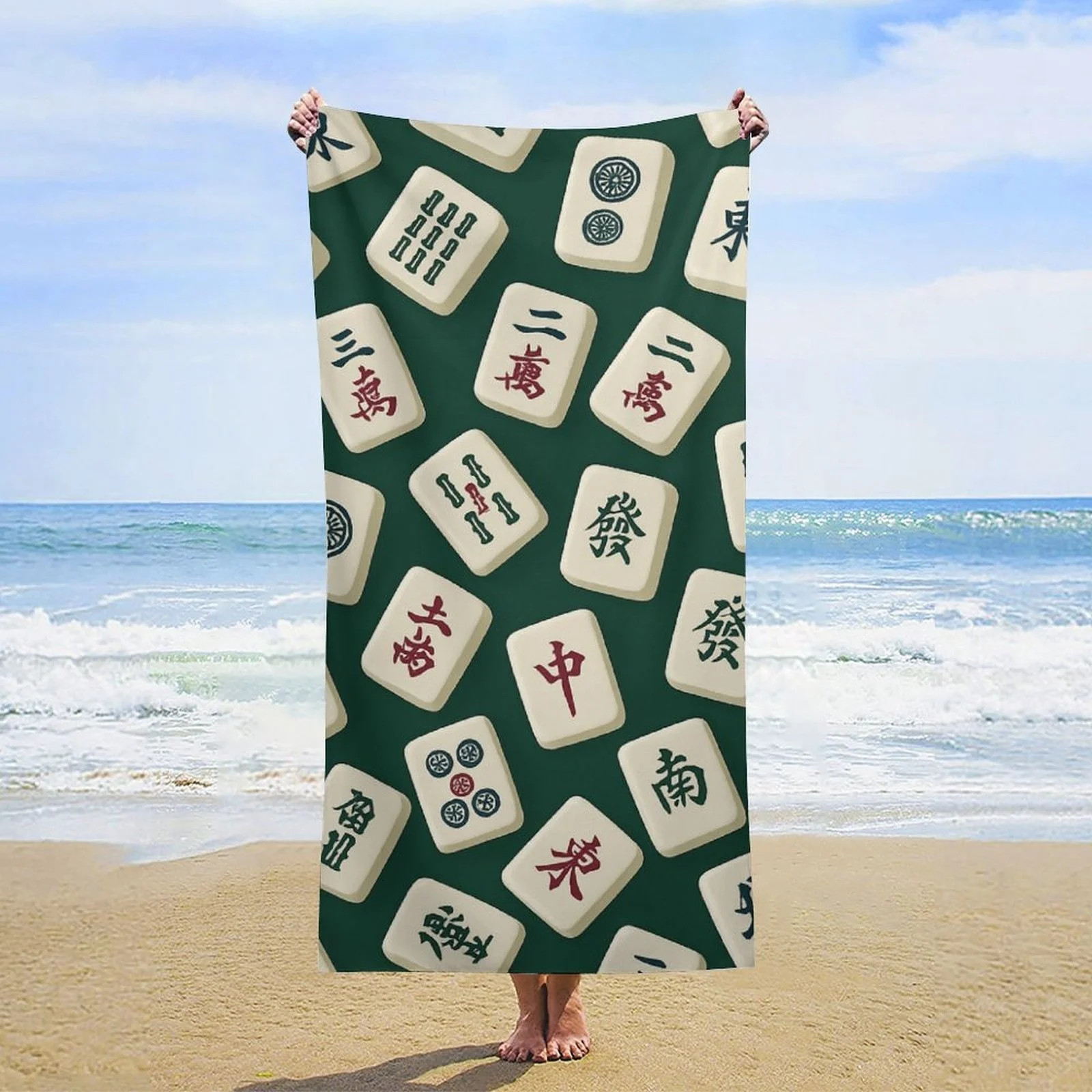 Mahjong Tiles Print Large Beach Towel Super Absorbent Quick Dry Lightweight Bath Sport Towel For Summer Swimming Camping Travel