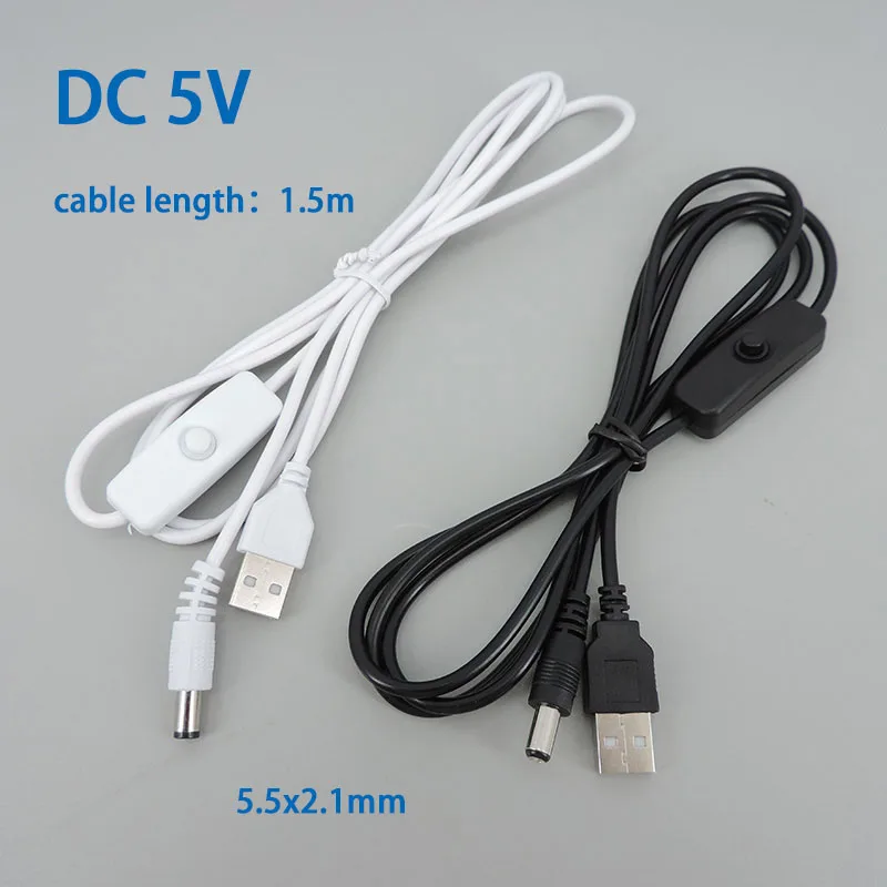 1.5m stejnosměrný 5V USB pánský na stejnosměrný pánský energie poskytnout 5.5x2.1mm kabel na pryč 501 knoflík spínač drát nabíjení prodloužení šňůra bílá černá