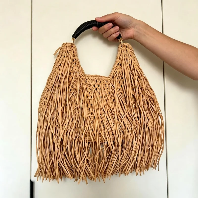 Bohemian Tassel Straw Handbag Handwoven Rattan Bag Ethnic Style Beach Tote Vacation Crochet Knitted Shoulder Bag Casual Purse
