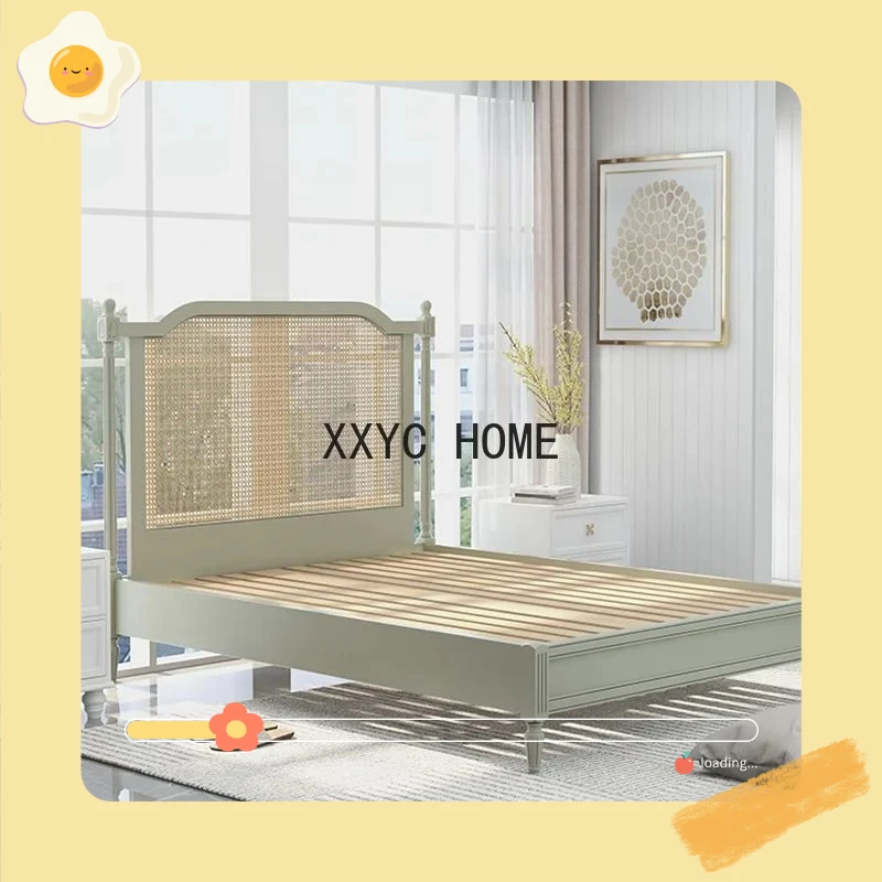 

American Retro Distressed Solid Wood Double Bed Rattan Carved Bed