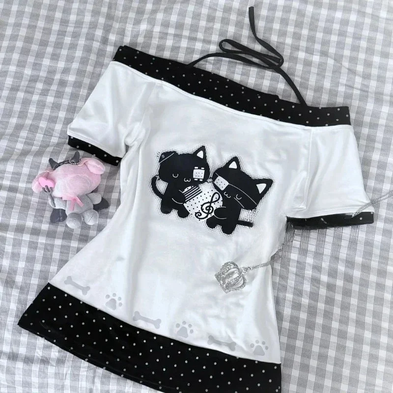 

Women Y2K Japanese Subculture Casual Slash Neck Off Shoulder Cat Print T-shirts Short Sleeve Kawaii Tees Cute Acubi Tops Clothes