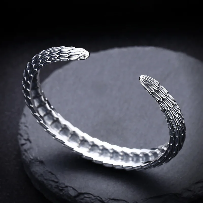 BOCAI S925 Sterling Silver Charms Bracelets for Men Antique Dragon Scale Pattern Fashion Punk Bangle Fine Choice Jewelry