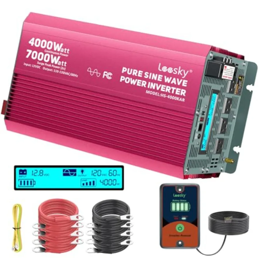 

RV, Truck, Off-Grid Solar Home Backup: 4000W Pure Sine Wave Inverter 12V DC to 110V/120V AC,7000W Surge, LiFePO4 Compatible, Bl