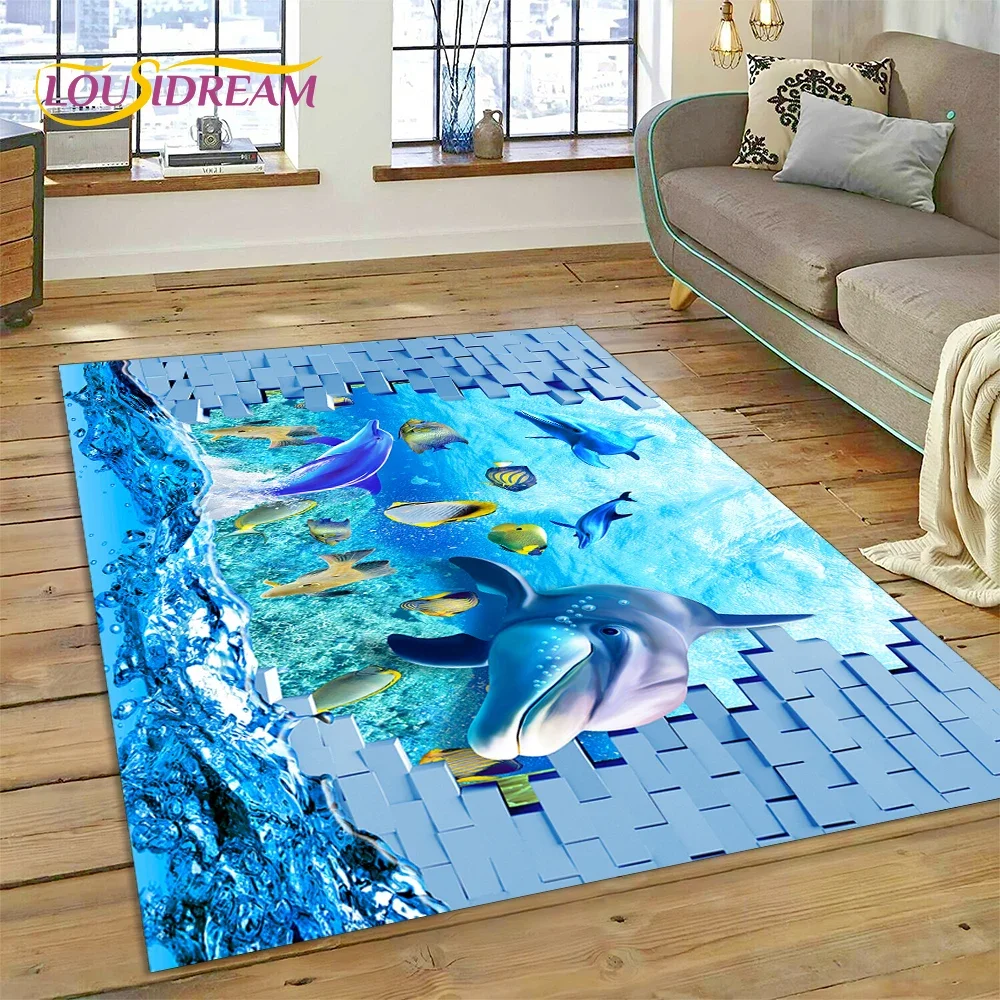 3D Illusion Underwater World Seabed Shark Dolphin Cartoon Carpet Rug for Bedroom Living Room Sofa Decoration,Kid Decor Floor Mat