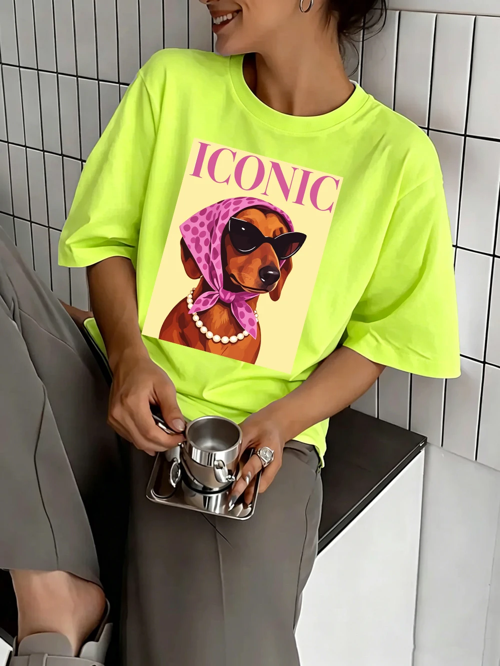 Ikonische Dackel-Prints, Baumwoll-T-Shirts für Damen, Sommer-Kurzarm-T-Shirts, O-Ausschnitt, weiche, übergroße Oberteile, einfache, bequeme Kleidung – Detail 18