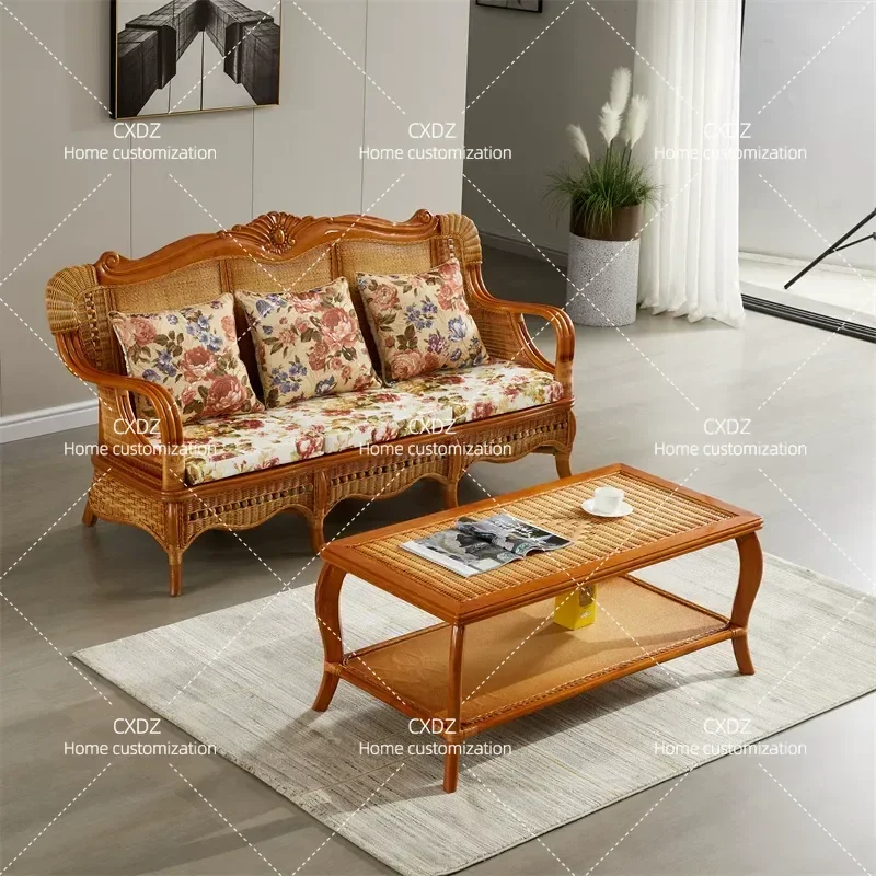 Natural Rattan Three Seater Sofa Handwoven Living Room Furniture Eco Friendly Breathable Modern Simple Style Couch