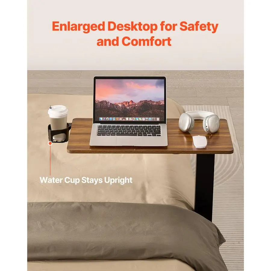 Electric Overbed Table, Height Adjustable Hospital Bed Table, Over The Bed Table with Wheels, Mobile Laptop Desk with Cup Holder