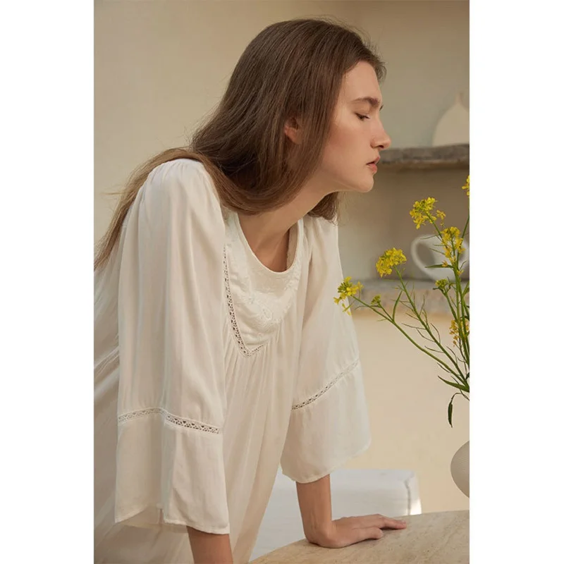 Vitage  Viscose Nightgowns LooseThree Quarter Sleeve Summer Sleepwear Elegant Loose Night Dress For Women Home Dress