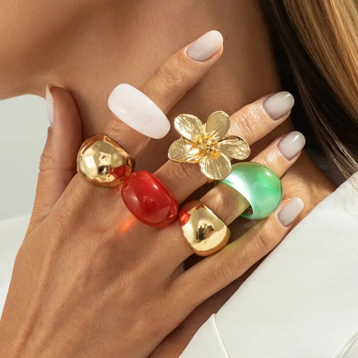 Salircon 6 Pcs/Set Colorful Resin Acrylic Chunky Finger Ring Trendy Charm Geometric  Metal Flower Knuckle Ring Hand Jewelry Gift