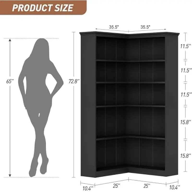 L Shaped Farmhouse Bookshelf 72.8 Inch Tall Floor Standing 5 Tier Storage Unit with Scratch Resistant MDF Panels Wide Lower Shel