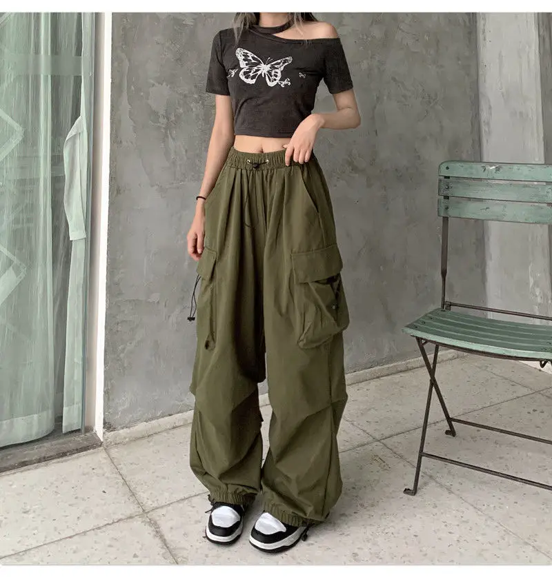 Women's Quick Dry Nylon Casual Pants Summer High Waist Wide Leg Parachute Rope Pants Elastic Ankle Casual Sports Jogger Pants
