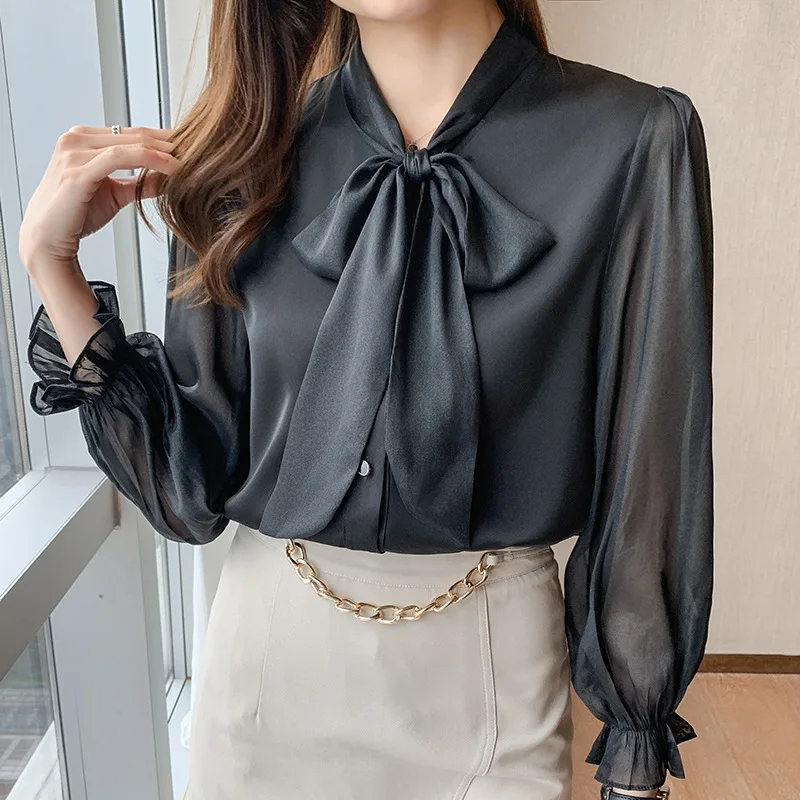 OL Commute Bow Scarf Collar Chiffon Shirt 2022 Women\'s Clothing Elegant Fashion Korean Solid Color Long Sleeve Blouse Female