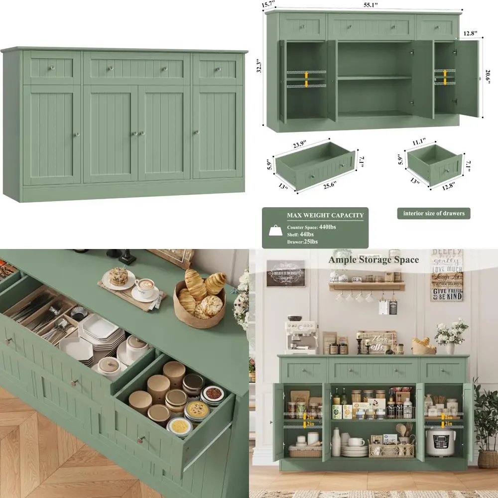 خزانة بوفيه مطبخ حديثة مقاس 55 بوصة مع أدراج وتخزين بار القهوة الخشبي القابل للتعديل