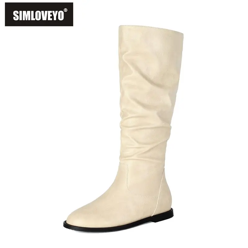 SIMLOVEYO Brown Female Tall Pull On Footwear Rounded Toe Box Flat Easy Upon Pleats Big Sizes 45 46 47 48 Vintage Comfort Boots