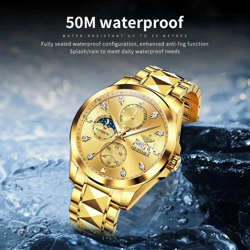 OUPINKE 3298 Watches Man Automatic Mechanical Watch 50M Waterproof Luminous Moon Phase Watch For Man Luxury Gift Box Reloj