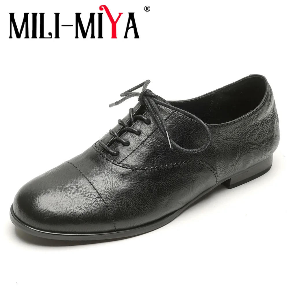 

MILI-MIYA Women's Full Genuine Leather Retro Round Toe Pumps Comfortable Lace-Up Solid Color Casual Shoes Big Size 34-40