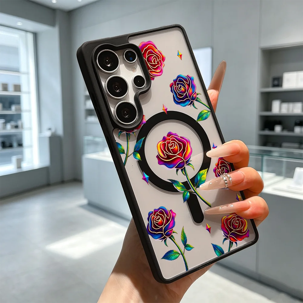 Rainbow Roses Anti-Yellow Magnetic Transparent Case For Samsung Galaxy S26 S25 S24 S23 S22 Ultra FE A17 A37 A57 Cover
